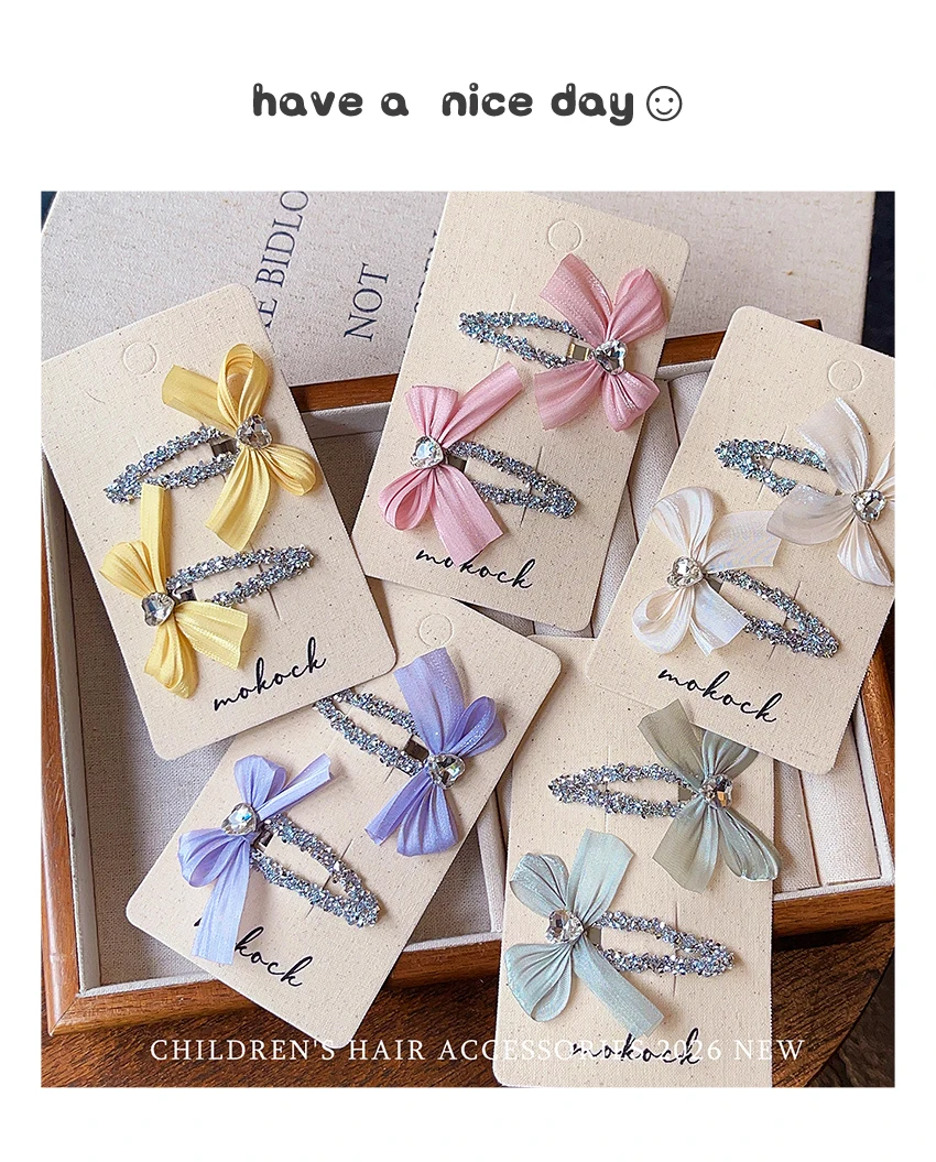 2 Stück/Set Neue Koreanische Niedliche Glänzende Kristall-Haarspangen mit Schleife, Haarschonende Rutschfeste BB-Haarklammern für Babys, Kleinkinder und Kinder – Detail 1