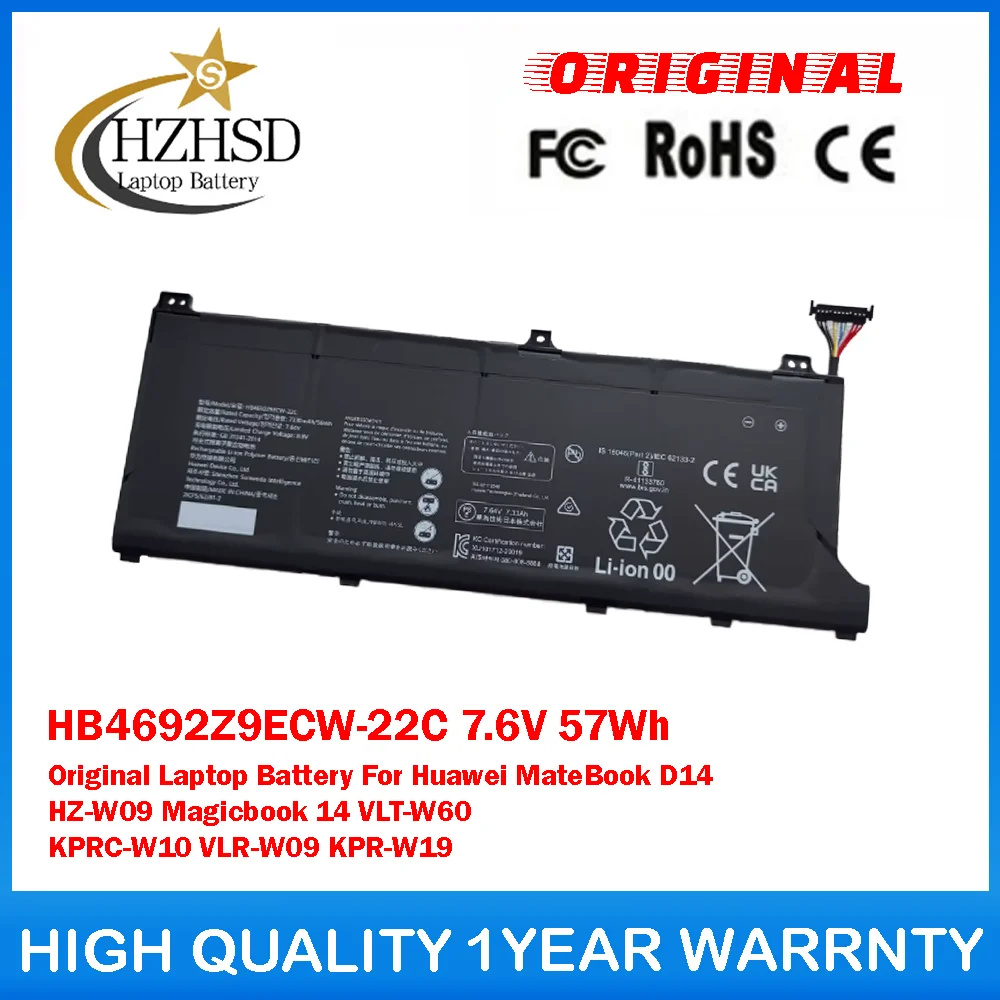 

HB4692Z9ECW-22C 7.6V 57Wh Original Laptop Battery For Huawei MateBook D14 HZ-W09 Magicbook 14 VLT-W60 KPRC-W10 VLR-W09 KPR-W19