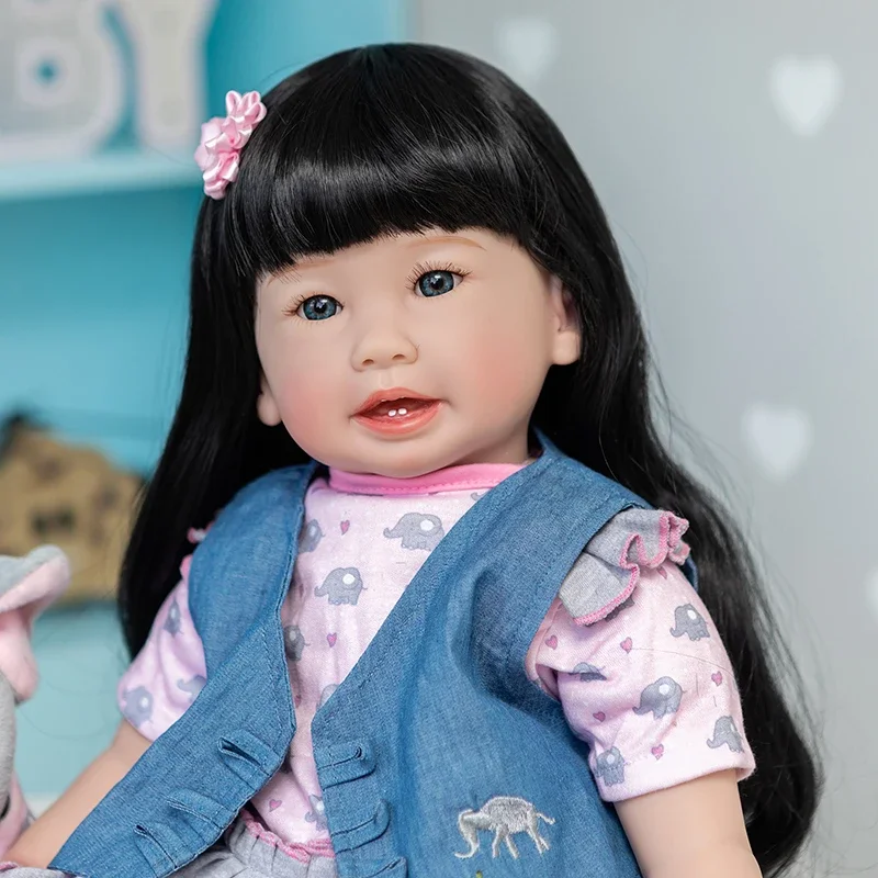 

24inch Already Painted Finished Reborn Doll Toddler Girl Teegan In Black Hair Popular Lifelike Soft Touch 3D Skin Art Doll