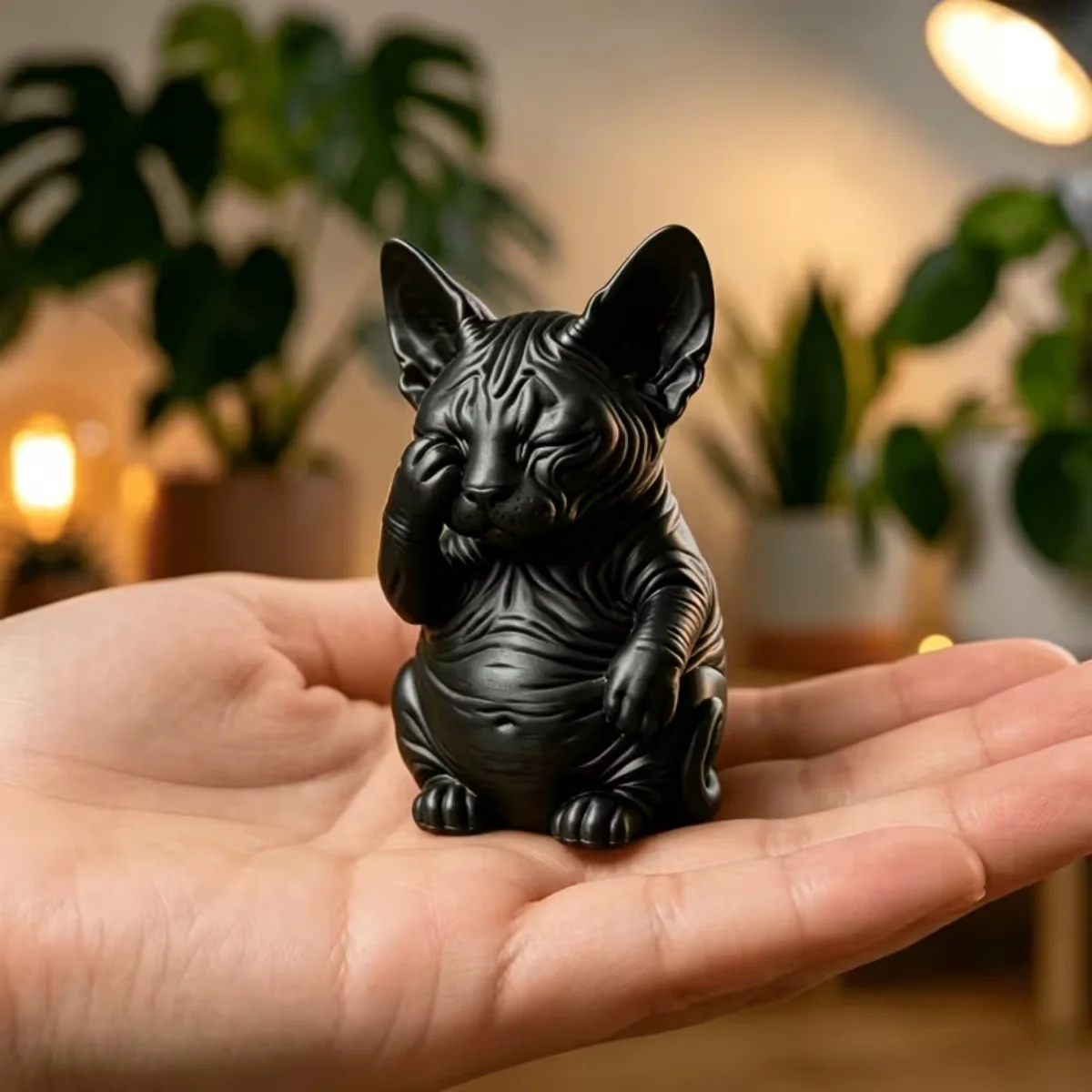 Newest 3D Printed Stressed Sphynx Cat Statue Hand On Forehead Hairless Cat Sculpture Funny Desktop Decor Ornament
