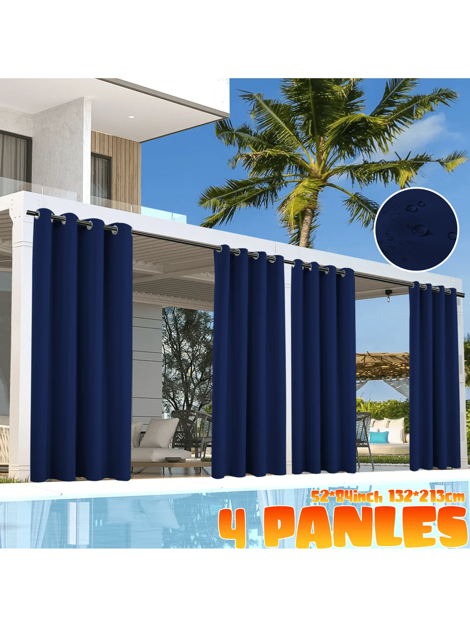4 Panels Outdoor Waterproof Windproof Blackout Curtains For Patio Pergola Pool Deck