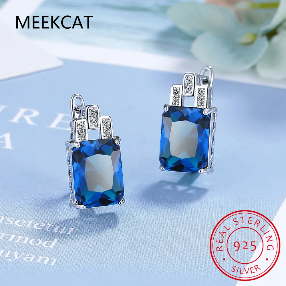 Emerald Cut Created Sky Blue Topaz 925 Sterling Silver Hoop Earrings for Women Fashion Statement Gemstone Jewelry