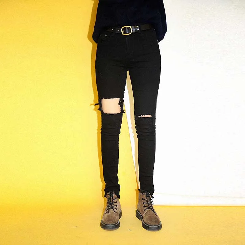 

Slim Fit Mr. Farmer Bla Denim Pants Retro Artistic Pencil Jeans Elastic Hole Punching Long Cotton Casual Trousers for Women