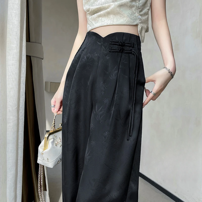 2025 ربيع وصيف جديد النمط الصيني الساتان الجاكار عالية الخصر المرأة بنطال ذو قصة أرجل واسعة عالية الخصر زر بنطلون أنثى