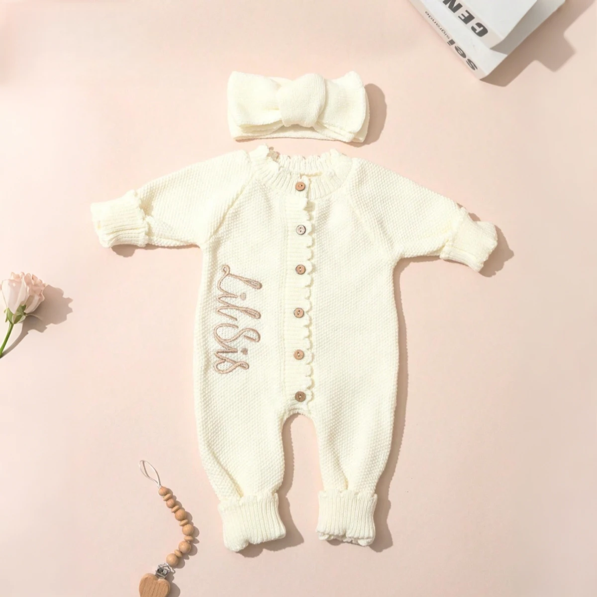 Ylsteed 2 peças de roupas de fotografia para recém-nascidos de malha com faixa de cabeça bordada bebê menina babado macacão infantil suéter de tricô-hd