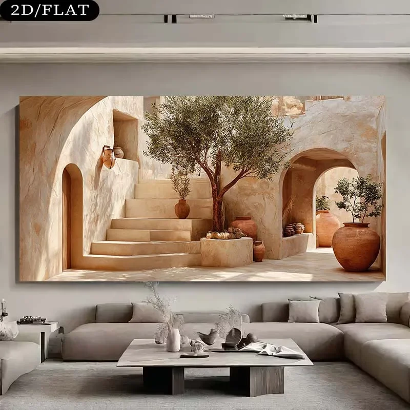 Frameless Canvas Painting2D Flat Large Modern Olive Tree In Terracotta Pots Canvas Wall Art, Frameless Minimalist Canvas Prints