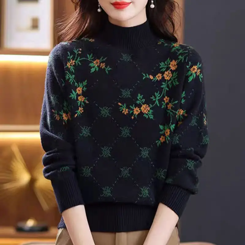 Pull en laine imprimé Vintage pour Femme, haut en laine, manches longues, col roulé, chaud, vêtements bas, chemisier tricoté