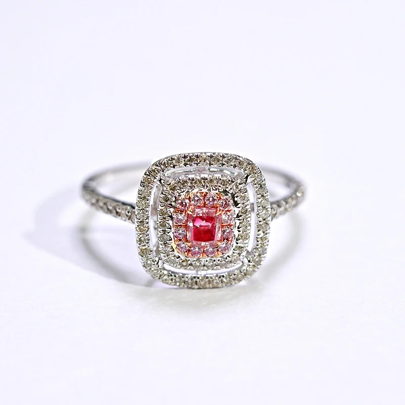 KUGG 100% 18K White Gold Rings Luxury Square Shape Real Natural Pink Diamond Engagement Ring for Women High Party Jewelry