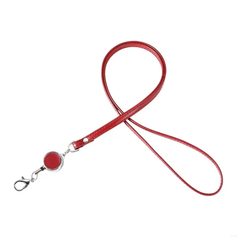 Retractable Leather Neck Strap, 52CM Pull Cord with Round Mechanism and Metal Hook for Office, Commute and Daily Use F19E