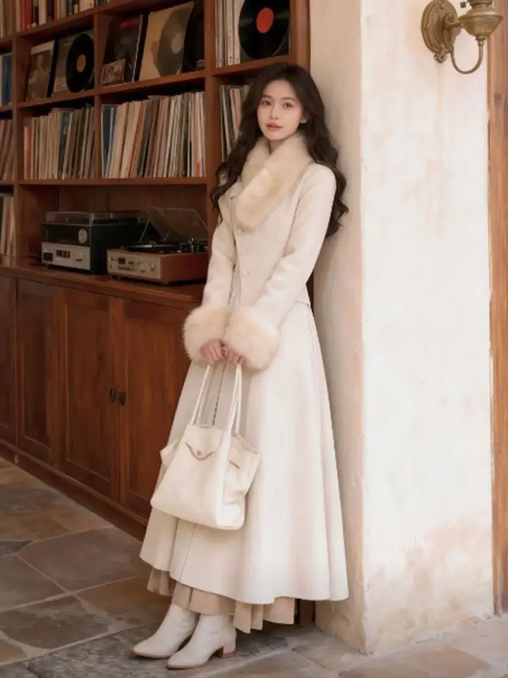 

Elegant Tailored Woolen Coat Slim Fit Waist-Cinching Spring Fashionable Top Women's Korean Style Long Sleeve V-Neck Button De...