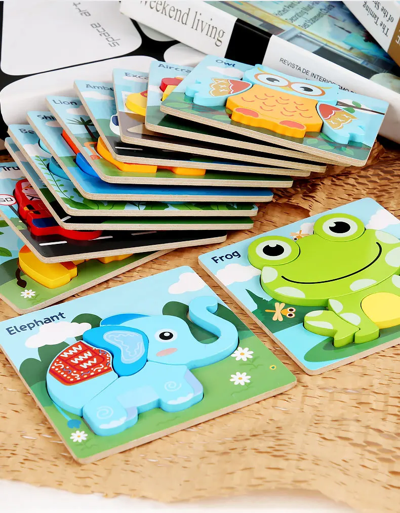 Toddler Puzzles Wooden Jigsaw 5.87 in with 3D Cartoon Animals Frog Elephant Owl Lion Shape Montessori Toys for Infant Kids