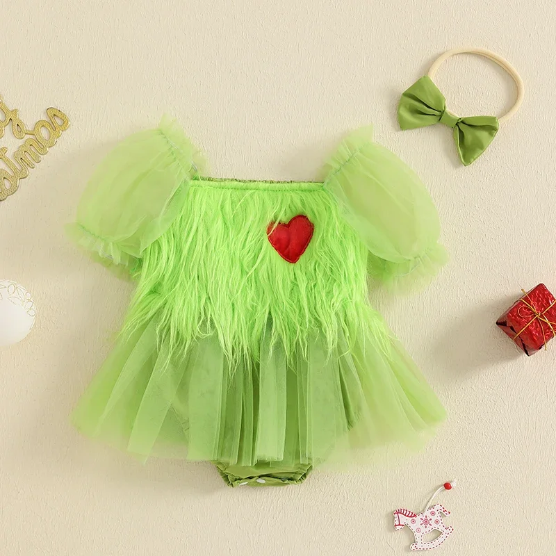 

Baby Girl Christmas Romper Dress Green Monster Fuzzy Short Puff Sleeve Tulle Jumpsuit with Bow Headband Costume