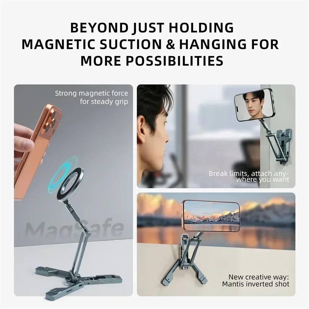 Foldable Magnetic Phone Stand Dual Suction 360 Rotation Desktop Holder for Smartphone Overhead Hanging Universal Portable