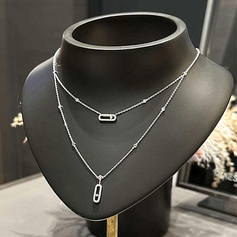 New 925 Sterling Silver Single Diamond Sliding Double Layer Necklace for Women's Fashion Luxury Brand Jewelry Party Gift