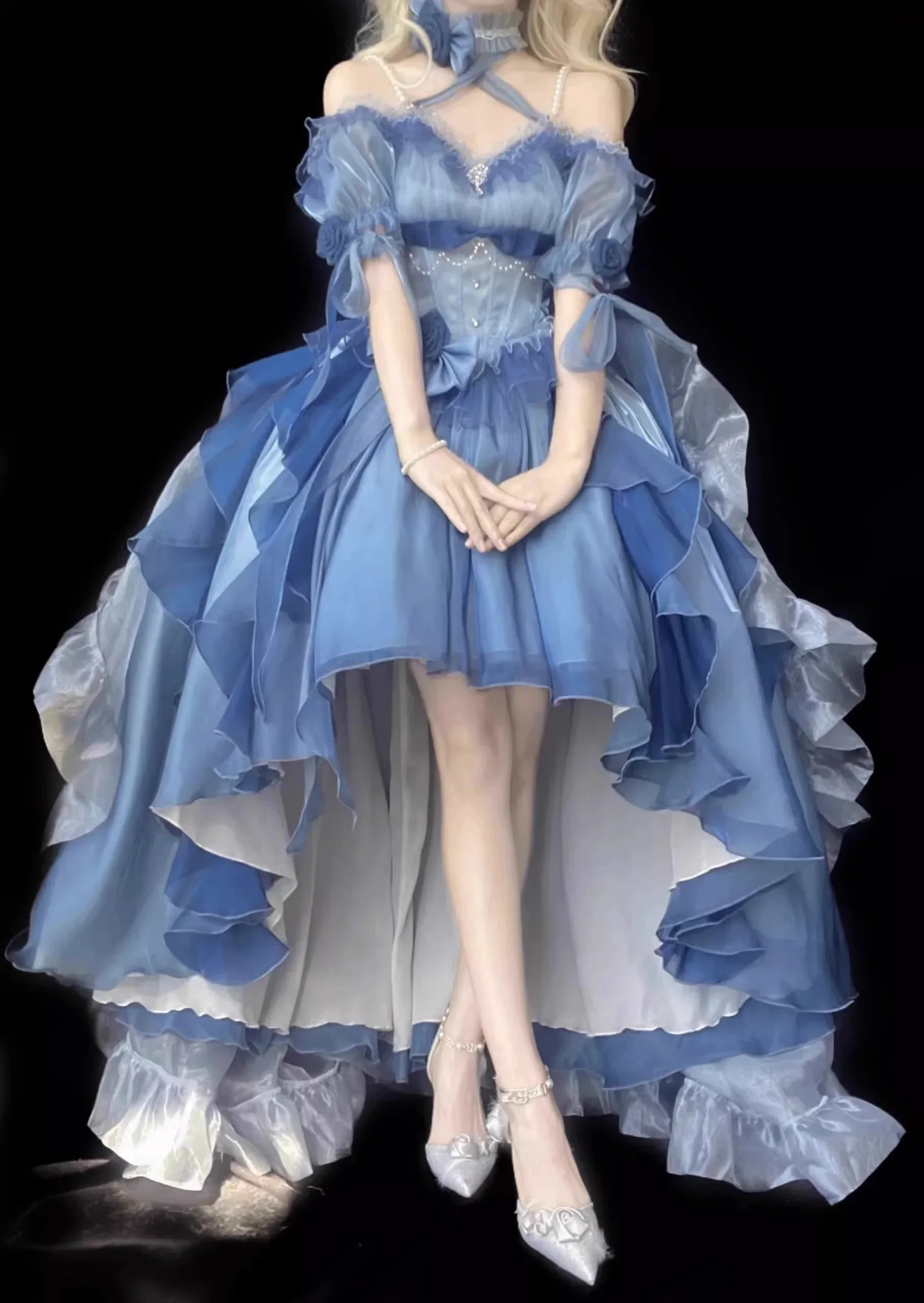 Blue Flower Wedding Dress Cos Lolita Dress Op Dress Lolita Heavy Industry Trail Puffy Princess Dress, Rose Bow Lolita Cosplay