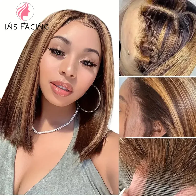 

INS FACING 4/27 Highlight Bob Wigs Colored Straight 4x4 Lace Frontal Human Hair Wig For Women HD Transparent Full Lace Bob Wigs