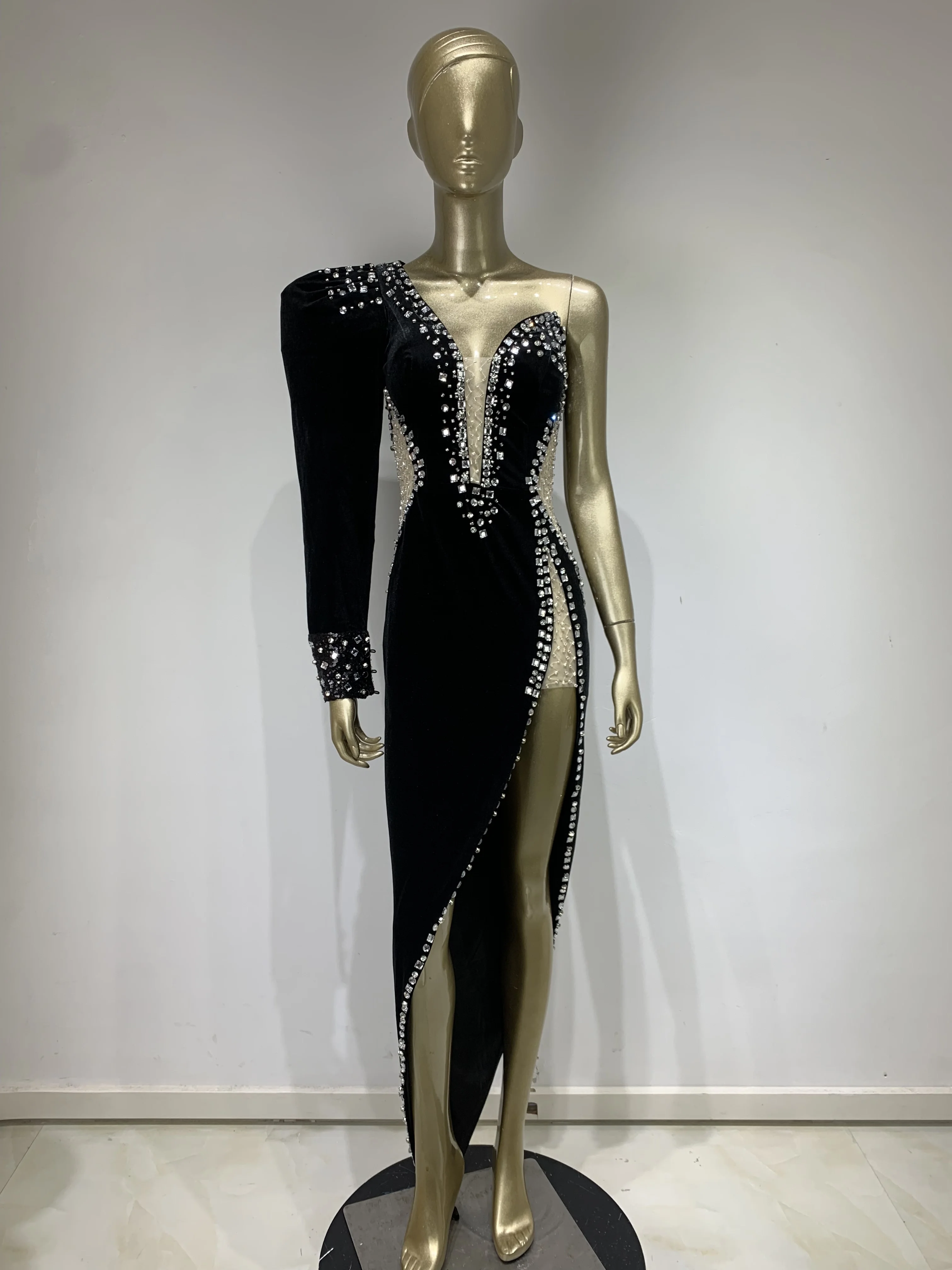 Women Luxury Prom Gowns Black Velvet Single Sleeve Daimonds Asymmetric Long Celebrity Evening Club Party Gowns Formal Occassion