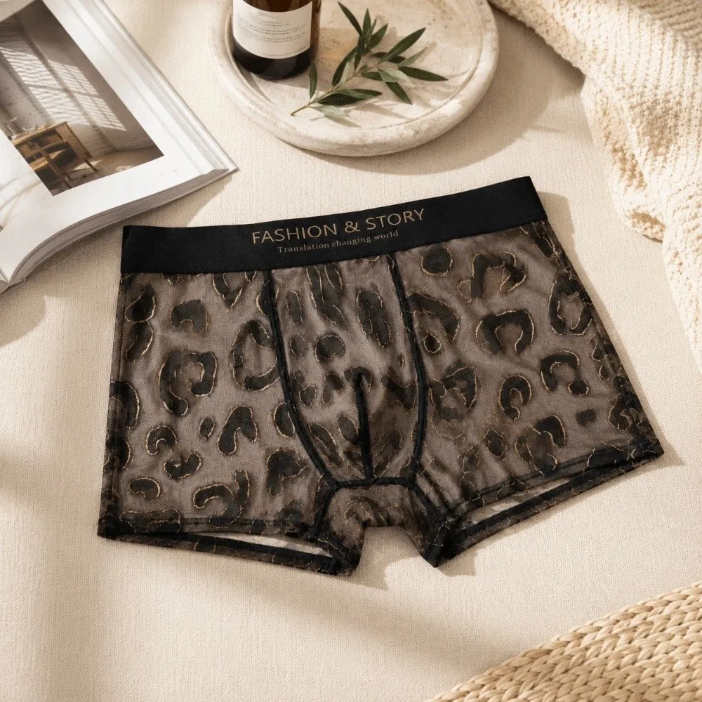 Quick-Dry Leopard Print Men's Ice Silk Boxer Underwear Seamless Mesh Boxer Briefs Panties Ultra Thin Shorts Male Men