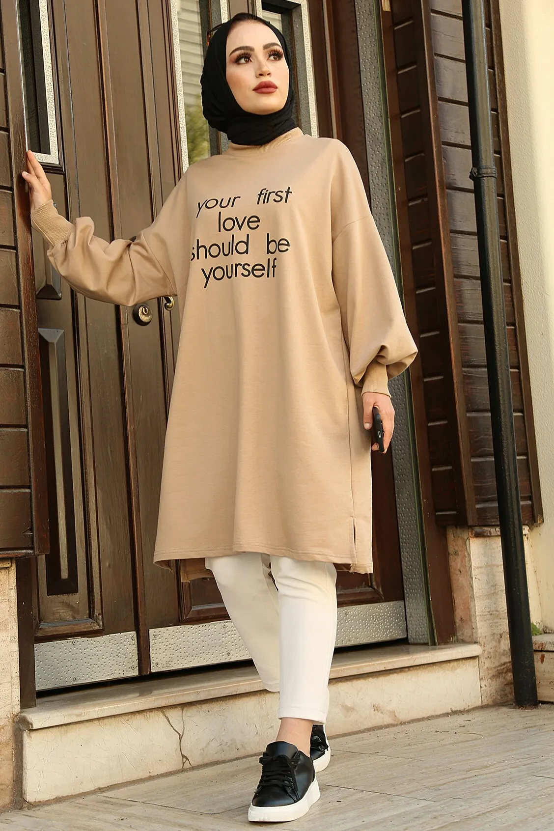 Lettering Printed Sweat Tunic-SütlüKahve