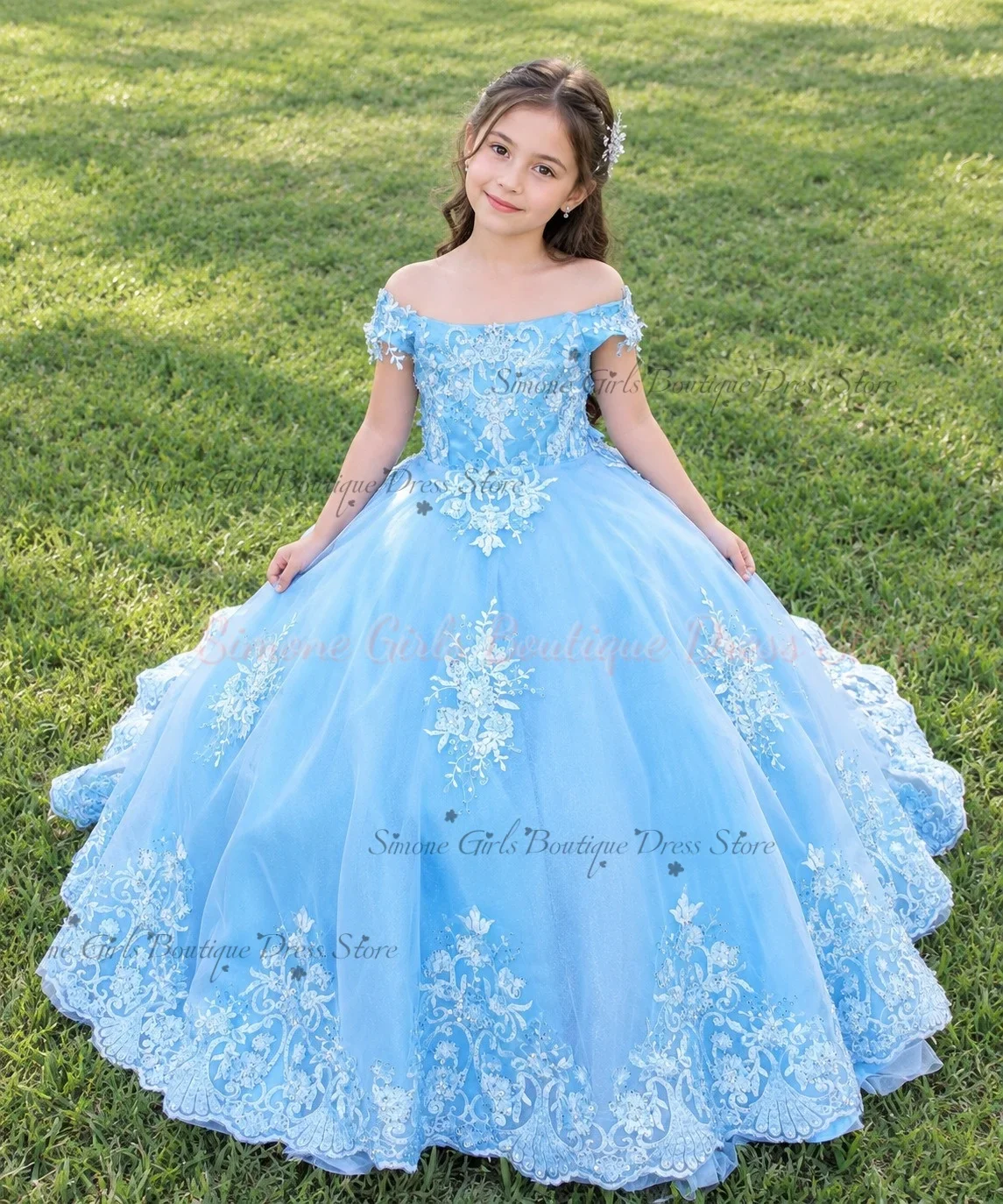 Lovely Sky Blue Floral Beading Embroidery Little Princess Flower Girl Dress for Formal Receptions Holiday Celebrations Custom