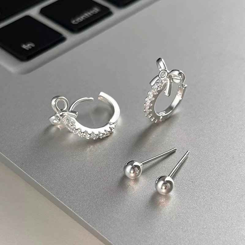 

Настоящие серьги-кольца из стерлингового серебра 925 пробы с милым бантиком и цирконами для очаровательных женщин, изысканные ювелирные украшения, романтические и элегантные аксессуары