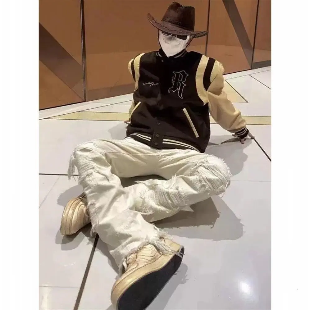 

Модные джинсы Bla Bell Bot прямого кроя, облегающие, с рваными элементами, для мужчин и женщин, повседневные, со средней посадкой, на молнии, длинные брюки