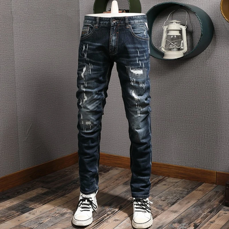 Fashion Designer Men Jeans Retro Black Blue Elastic Slim Fit Ripped Jeans Men Vintage Trousers Patched Casual Denim Pants Hombre