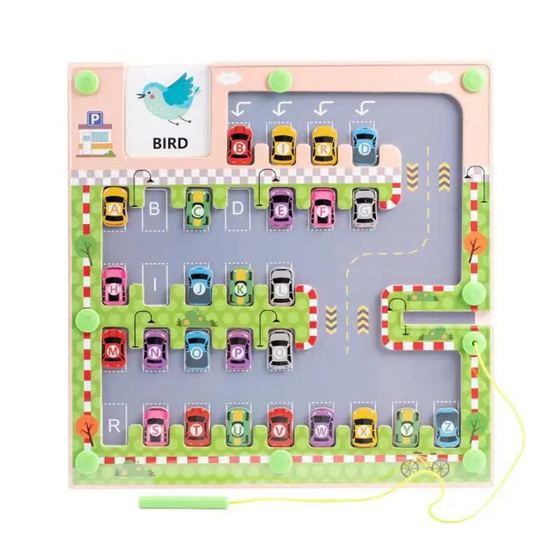 Magnetic Alphabet Board For Kids Car Parking Puzzle Toy Word Construction Parking Maze Wood Puzzle Board Boy Girl 3-5 Years Old