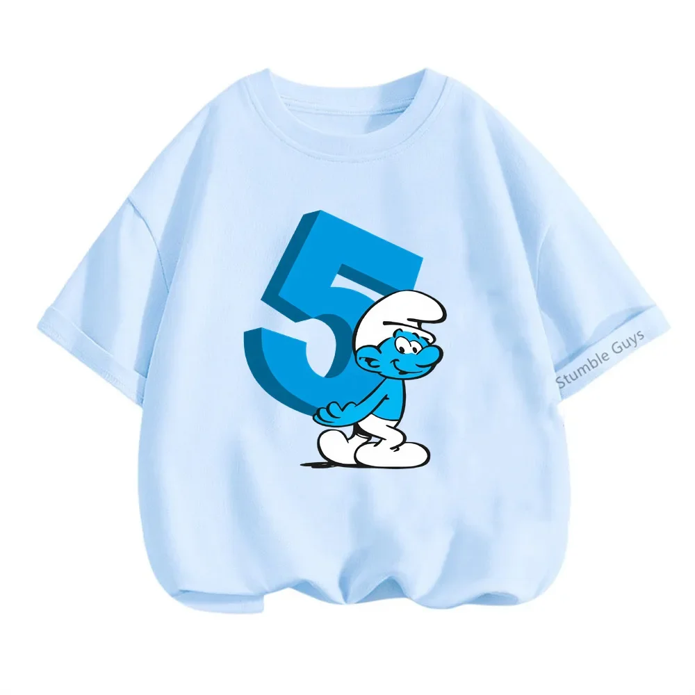 Maglietta Smurfs per bambini maglietta estiva per cartoni animati numero di compleanno 3-9 stampa t-shirt a maniche corte Set vestiti per ragazzo