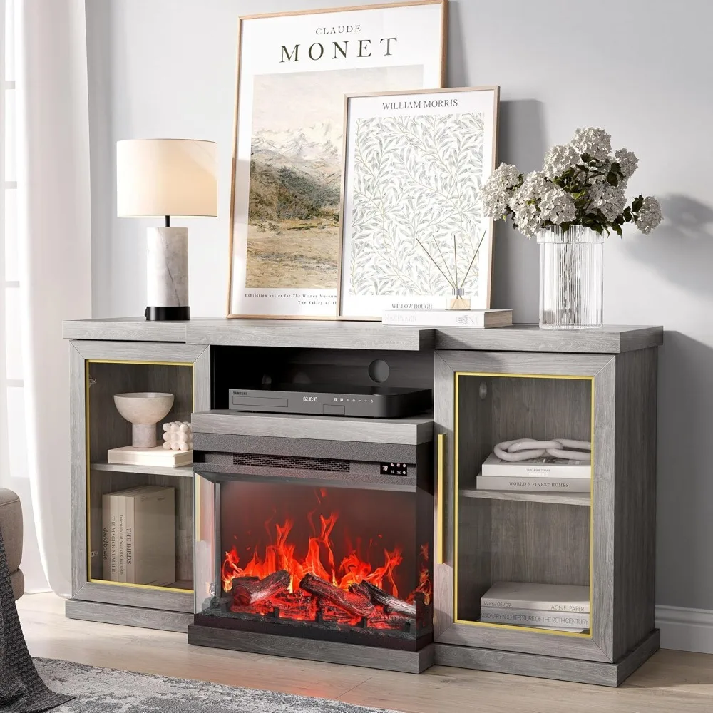 

TV Stand with 23" Electric Fireplace Heater W/Sound for TVs Up To 65", Storage Cabinet with 3-Side Glass Display Fireplace