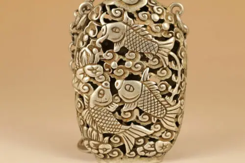 old tibetan silver hand carved hollow out fish lotus statue snuff bottle pendant