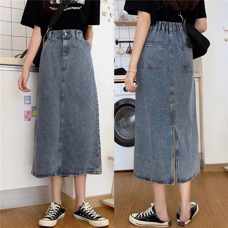 Women's High-Waist Slit Denim Skirt Retro Washed A-Line Hip-Covering Straight Long Skirt for Casual Comfortable Fit