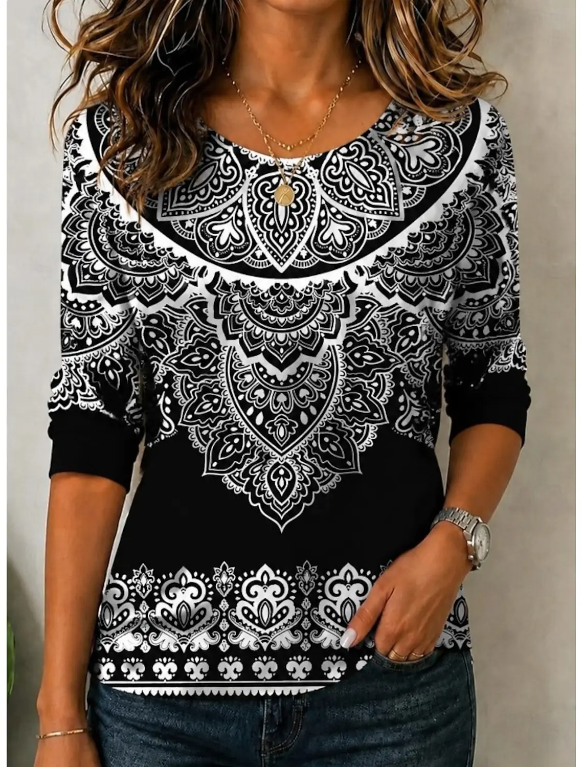 Women's Spring Summer 3D Printed Crew Neck Top, Black White Symmetric Mandala Ethnic Vintage Print Casual Blouse