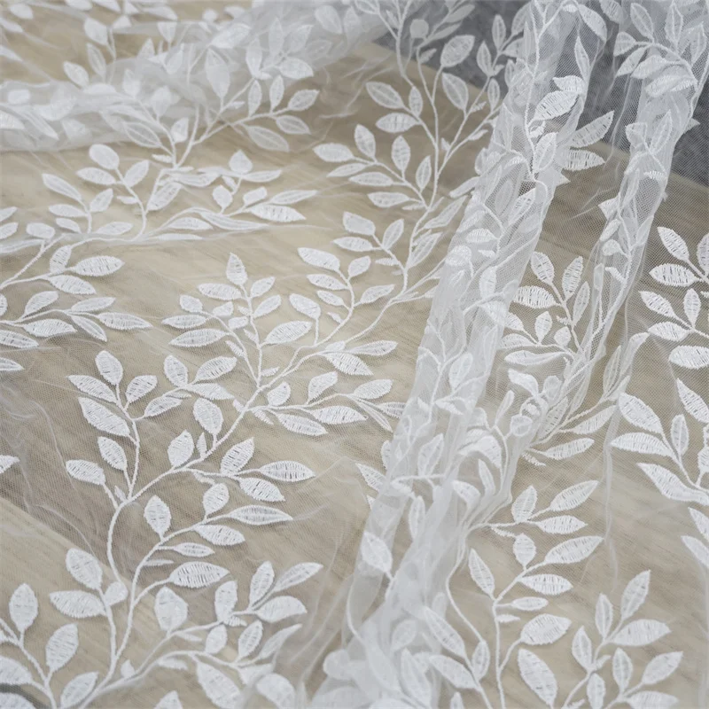 1 Yard Embroidery Long Leaf Branch Embroidery Tulle Lace Fabric Willow Leaf trimming Fabric for Wedding Apparel Bridal Dress