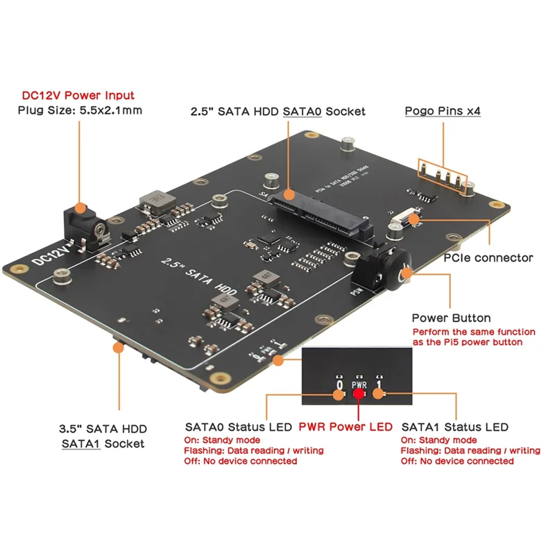 

AT82-X1008 Shield For Raspberry Pi 5 Pcie To 2.5 Inch SATA HDD/SSD+ 3.5 Inch SATA HDD