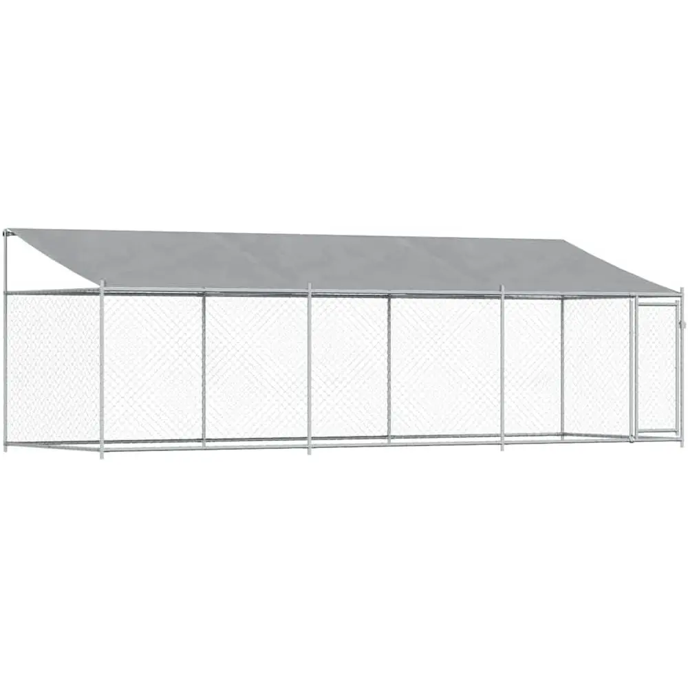 

Gray Galvanized Steel Outdoor Dog Kennel with Roof and Door, Pet Playpen Yard Cage