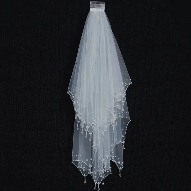 Bride Wedding Veil Double-Layer Pendant Sewing Beads Handmade Veil Pearl Rhinestone Veil Two-Layer Hair Comb Veil