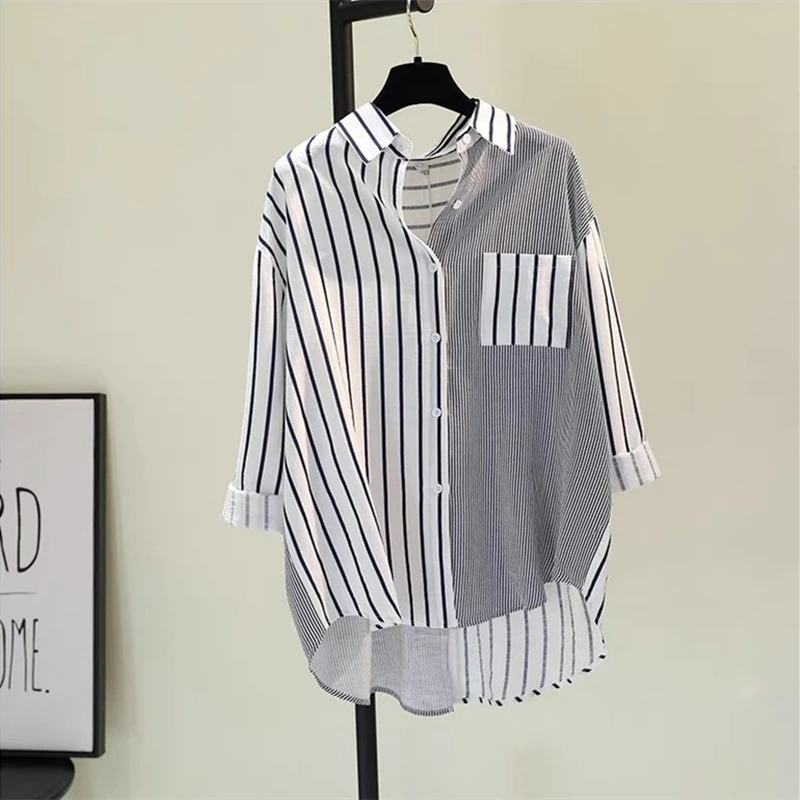 

Retro Striped Cotton Linen Loose Casual Women's irt Spring Autumn Faion Top Button Stand Collar Long Sve Ne