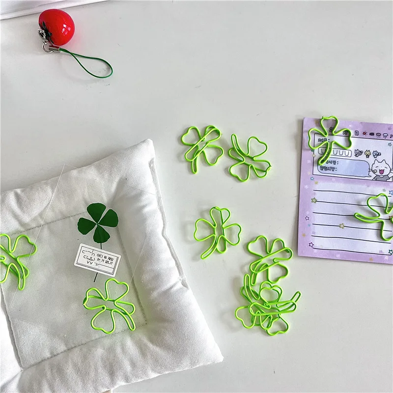 5pcs Cute Creative Design Paper Clip Green Ins Simplicity Color Clover Scrapbook Paper Clip Sweet Bookmark Student Supplies