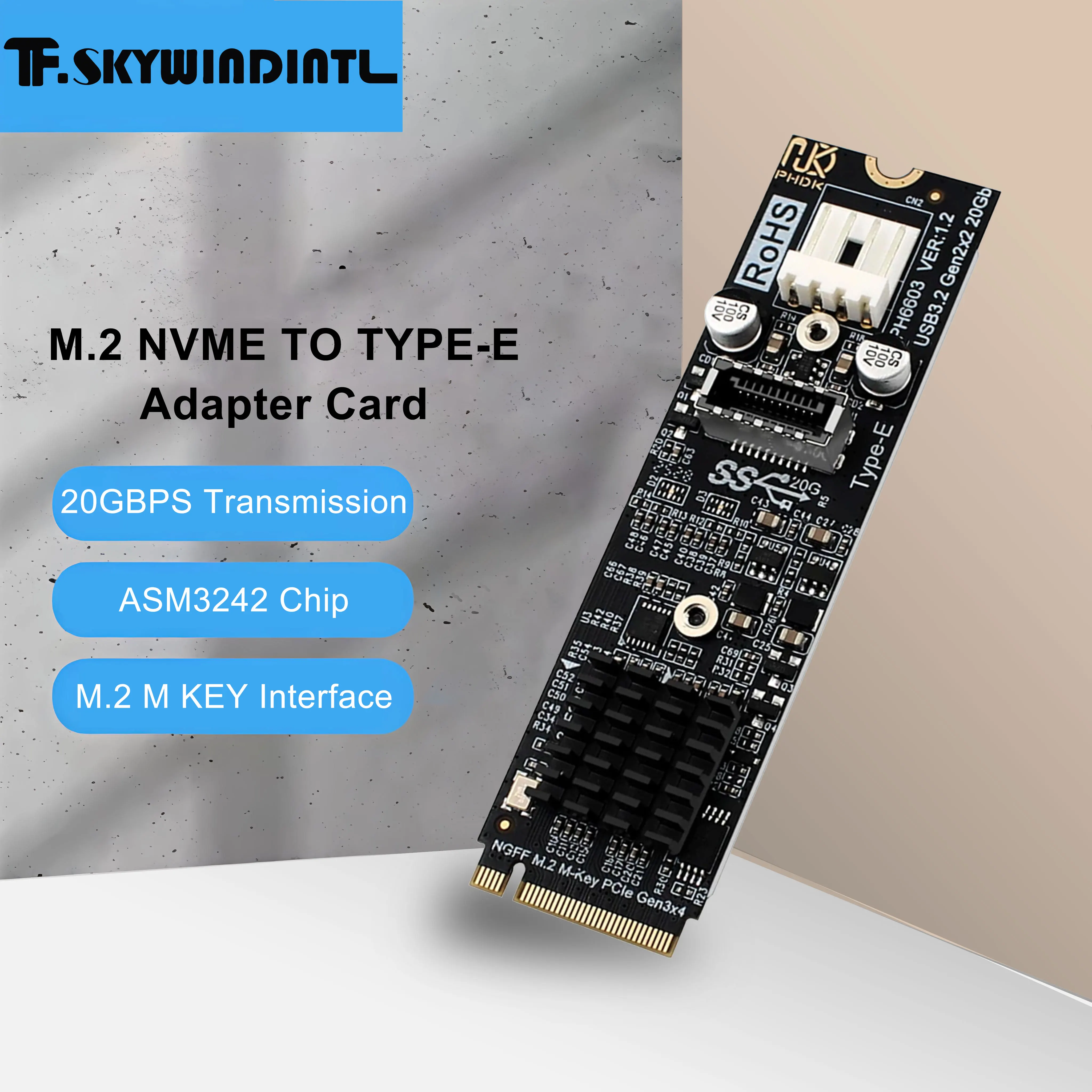 

Карта расширения M.2 NVMe to Type-E с передней картой адаптера Type-C ASM3142 Главный чип управления 20 ГБ/с Подходит для настольных компьютеров