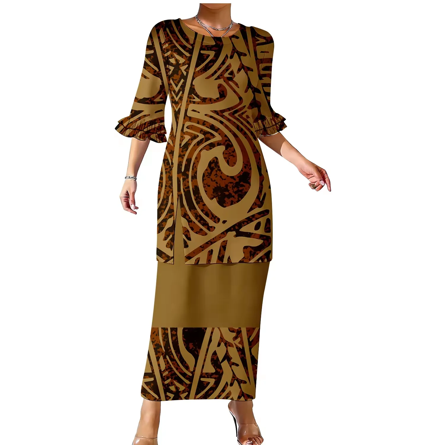 Design Custom Double Layered Sleeve Casual Dress Polynesian Puletasi Tonga and Samoan Print Ladies Party Dress 2 Pieces