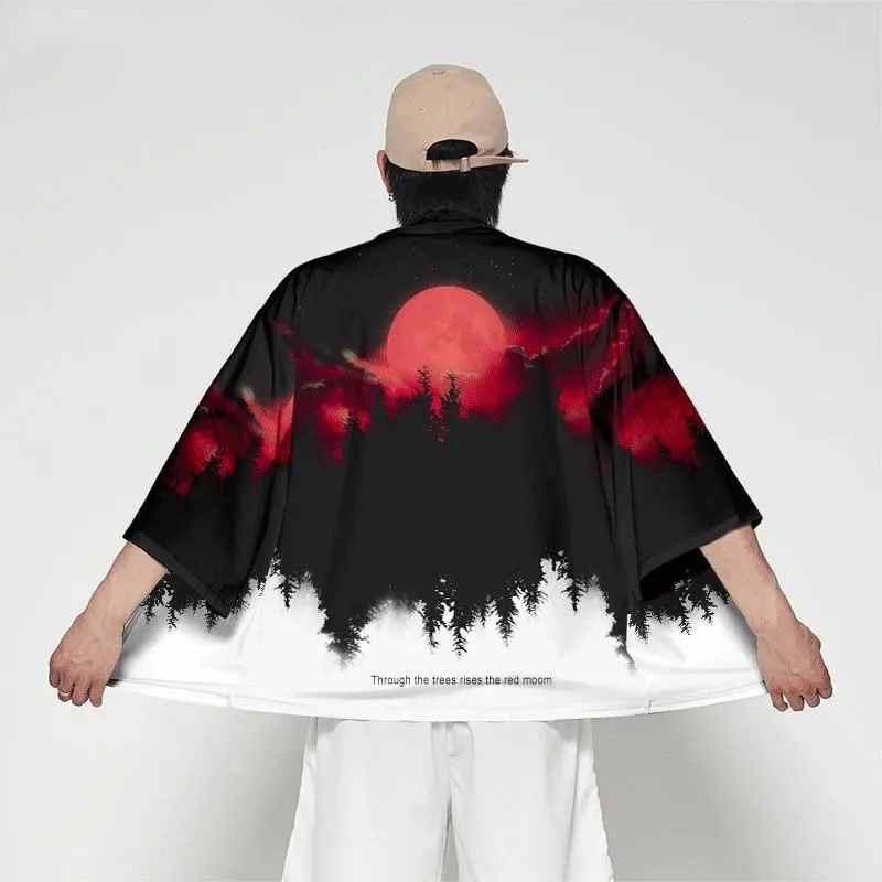 

Japanese Kimono Cardigan Men Samurai Costume Clothing Kimono Jacket Boys Forest Moon Print kimono Shirt Streetwear Asian Clothes