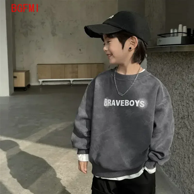 Boy Stylish Versatile Children\'s Sweatshirt 2026 New Long Sleeve Grey Patchwork T-shirt Loose-fit Korean Unisex Autumn Clothing
