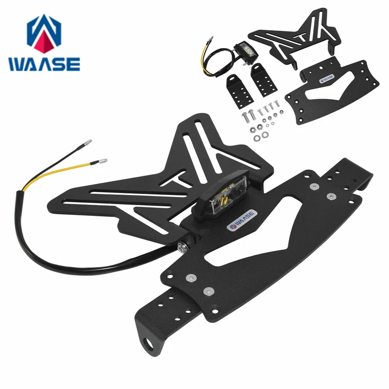 waase Universal Folding License Plate Frame Holder Bracket Rear Fender Tail Tidy w/ LED Light For Yamaha For Suzuki For Honda