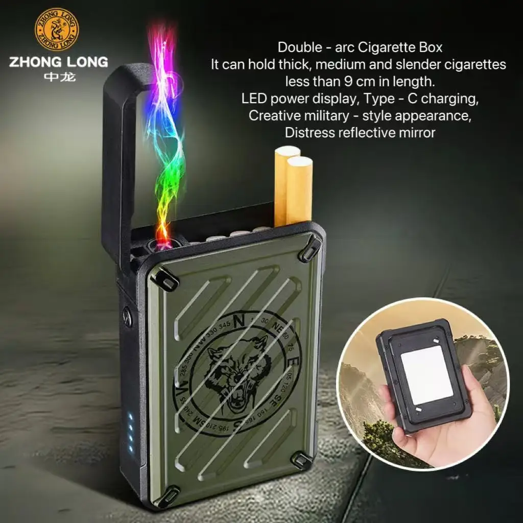 

Creativity Military Style Dual Arc Cigarette Box Lighter Type-C Charge Electronic Lighter Can Hold Thick Medium Fine Cigarettes