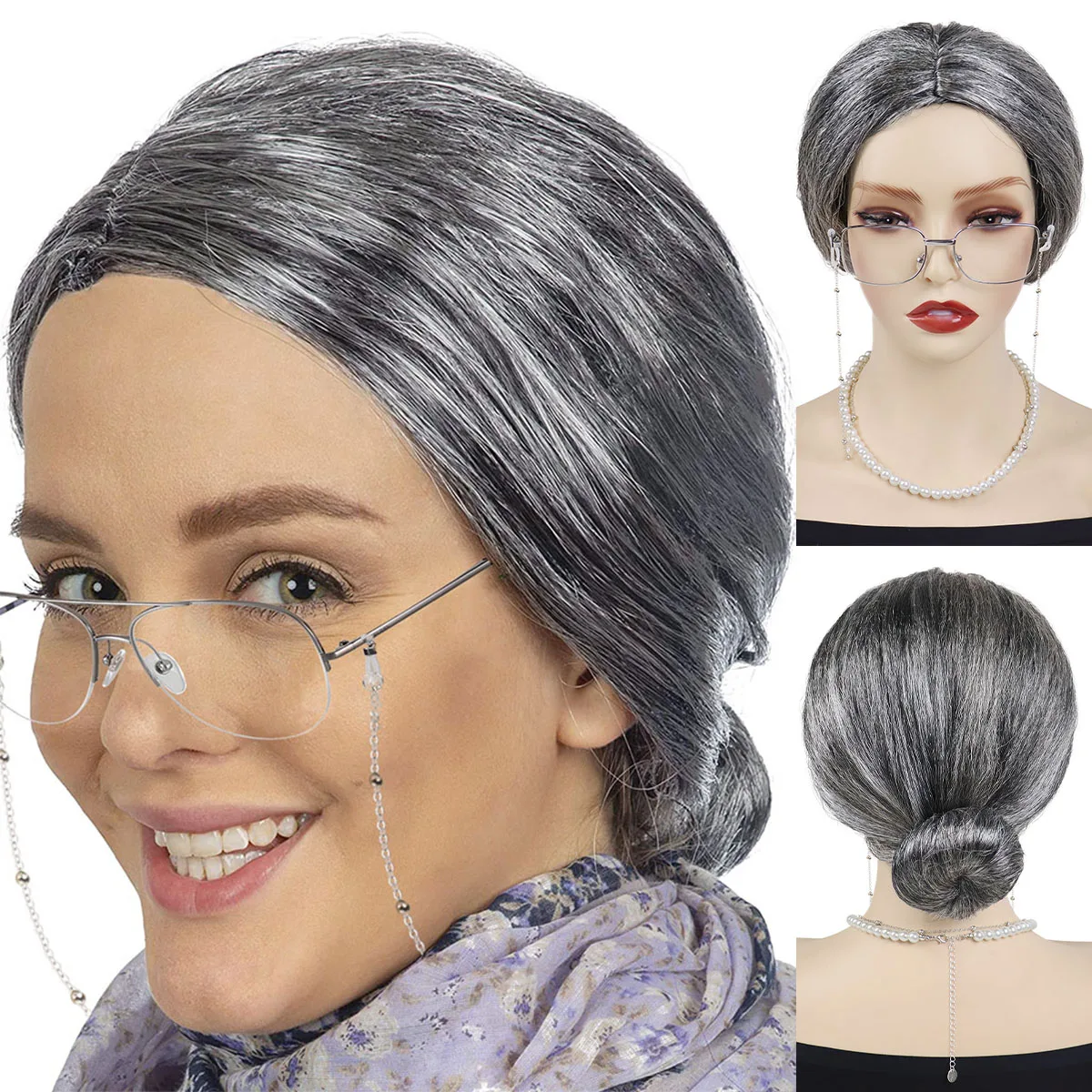 

Synthetic Women Grey Grandma Wig Set Granny Cosplay Wigs,Glasses,Eyeglass Chain,Pearl Necklace(4 Pieces)Daily Halloween Costume