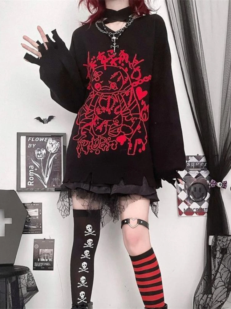 QWEEK Gothic Harajuku Kawaii Schwarzer Pullover Damen 2024 Herbst Japanischer Goth Niedlicher Cartoon-Druck Pullover Gestricktes Langarm-Top