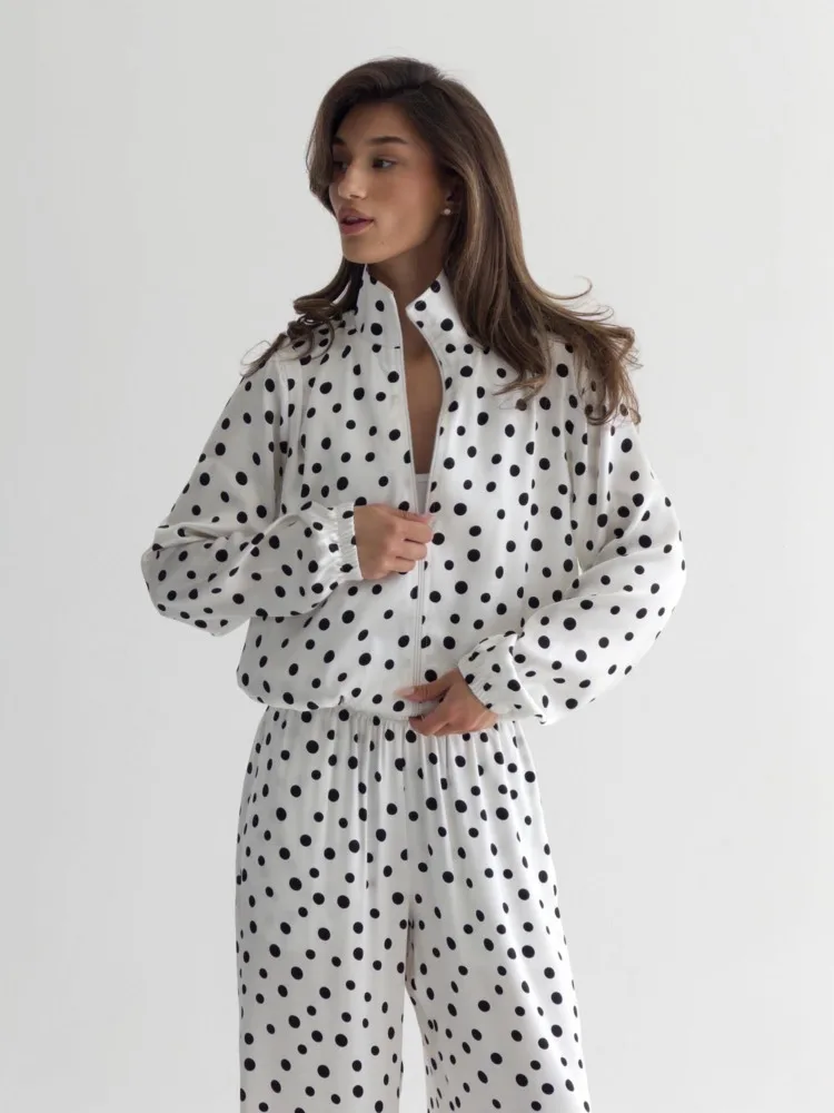 DFDG Women 2026 Spring Summer Polka Dot Two Piece Set High Neck Long Sleeve Elastic Waist Wide Leg Pants Elegant Casual Outfit