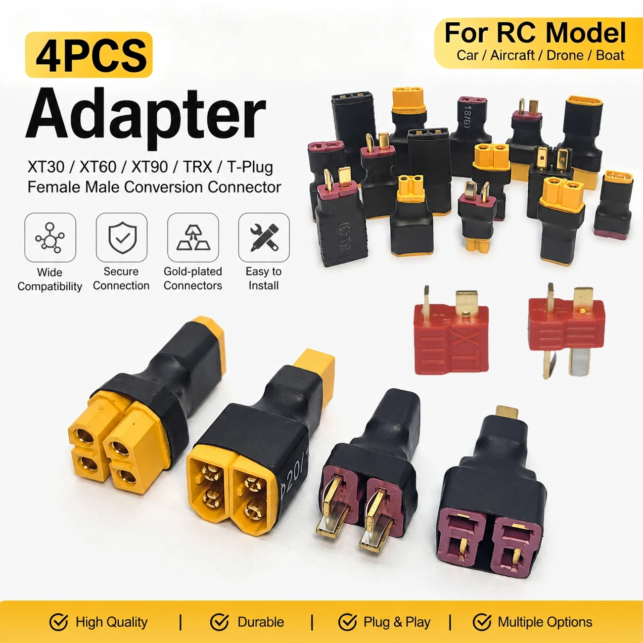 4PCS Adapter XT30 XT60 XT90 TRX T-Plug Female Male Connector Conversion Adapter for RC Car Aircraft Drone Boat Lipo Battery Part