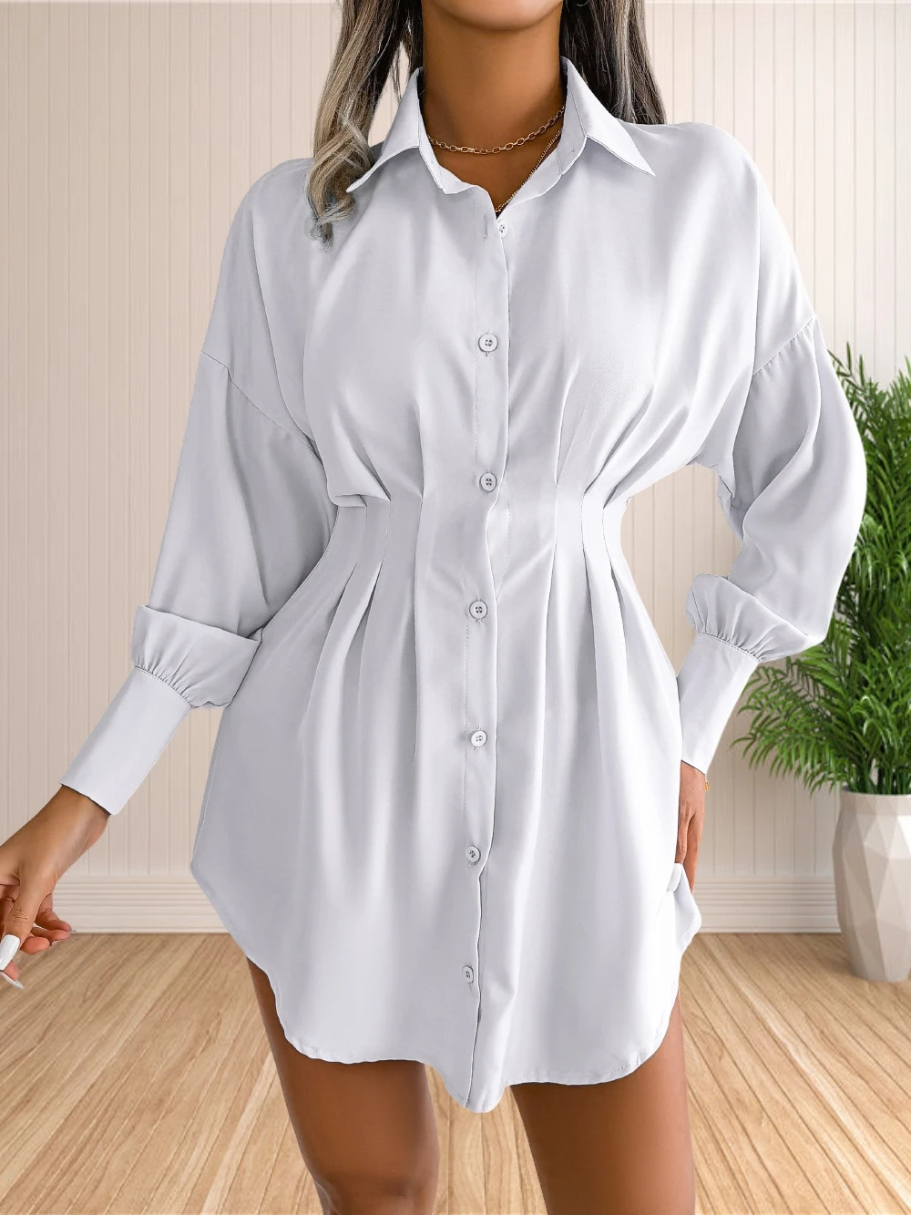 Women\'s Pleated Long Sleeve Mini T Shirt Dress Lapel Collar Button Flared Ruched Short Shirt Dresses